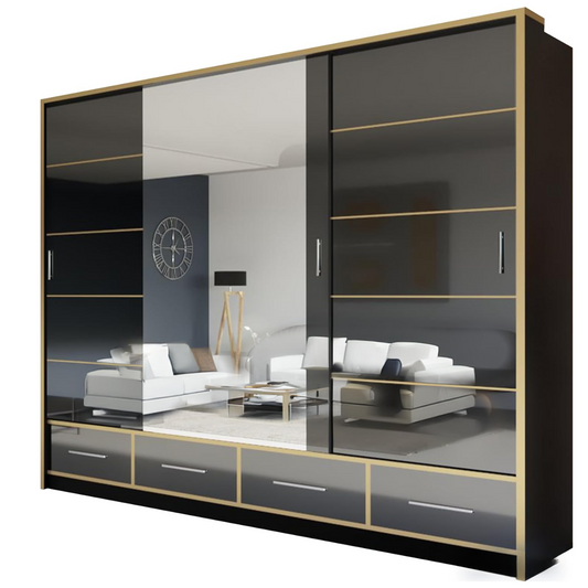 SYDNEY WARDROBE - High Gloss Sliding Mirror Door Wardrobe with Drawers and Golden Strip