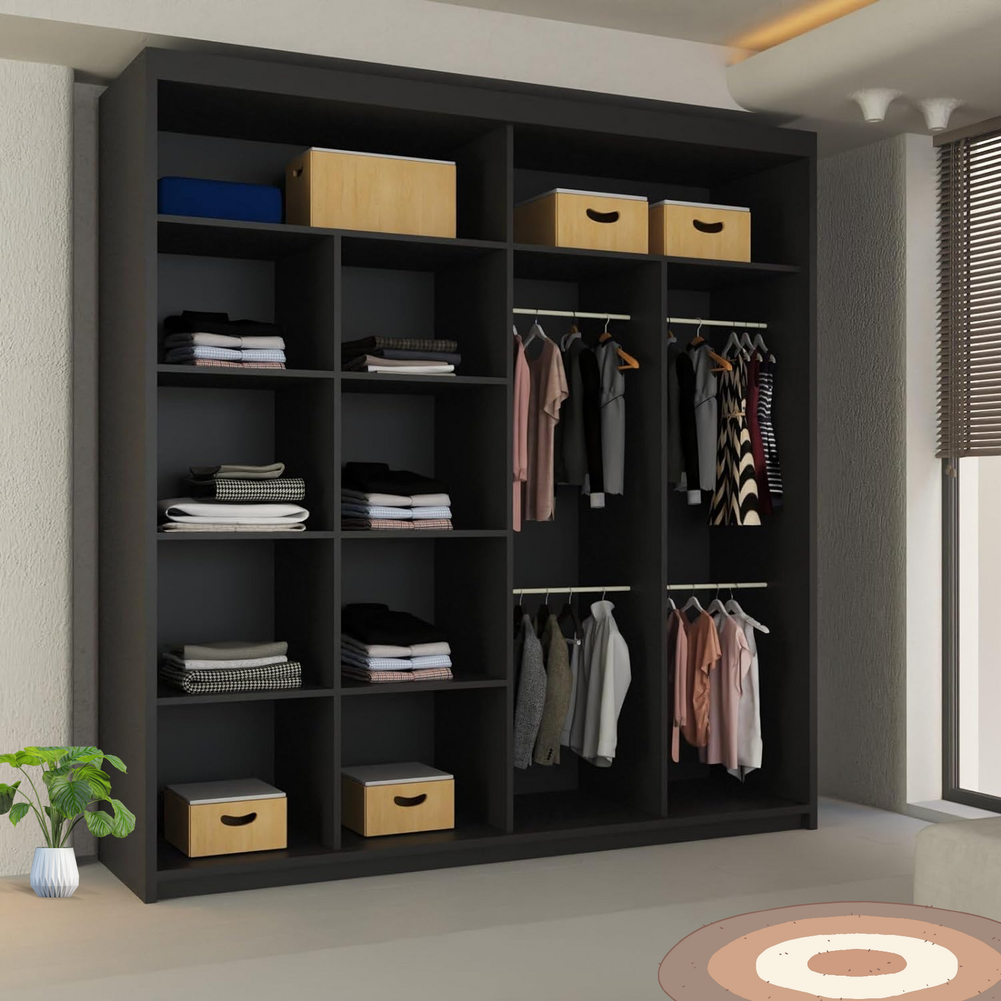 LISBON WARDROBE - Double Door Sliding Mirror Wardrobe with Adjustable Shelves and Rails