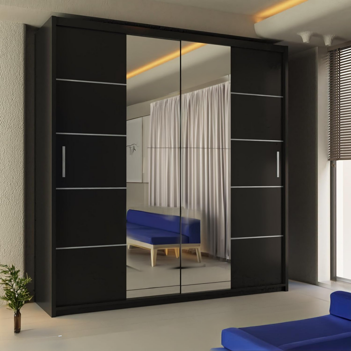 LISBON WARDROBE - Double Door Sliding Mirror Wardrobe with Adjustable Shelves and Rails