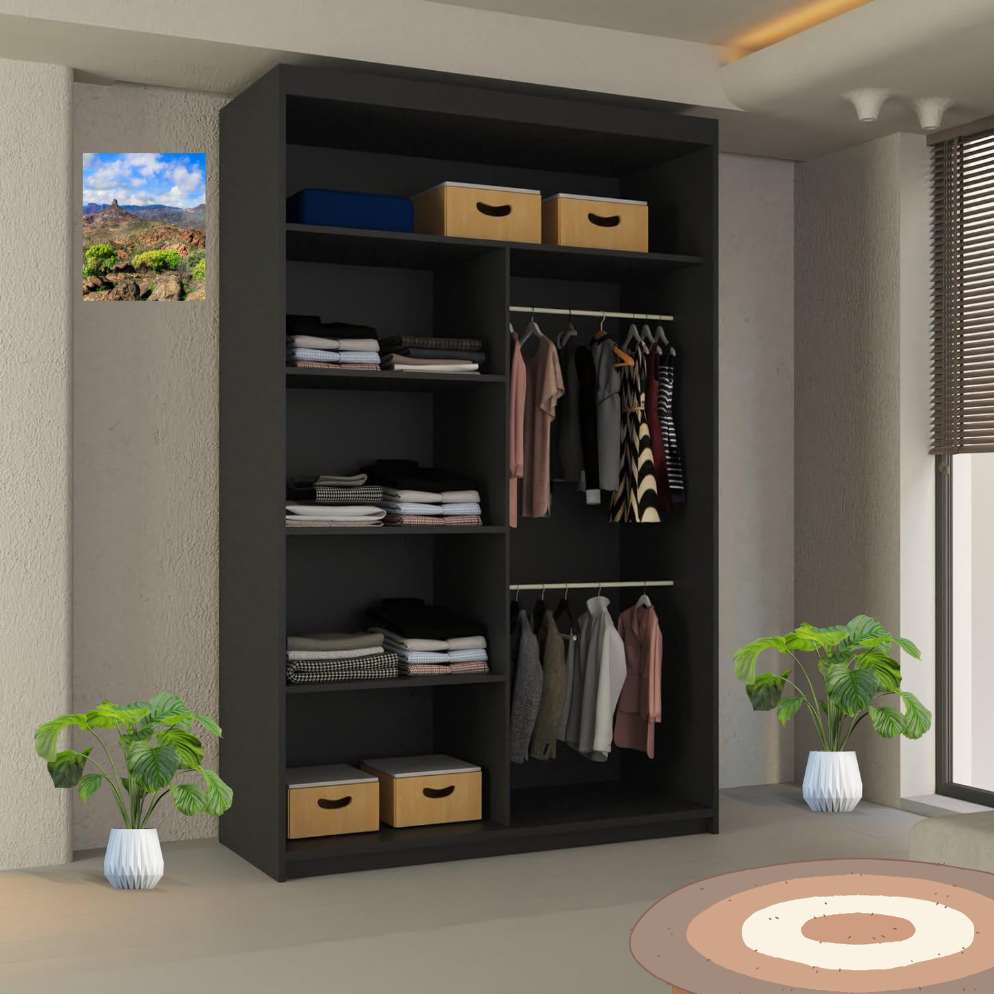 LISBON WARDROBE - Double Door Sliding Mirror Wardrobe with Adjustable Shelves and Rails