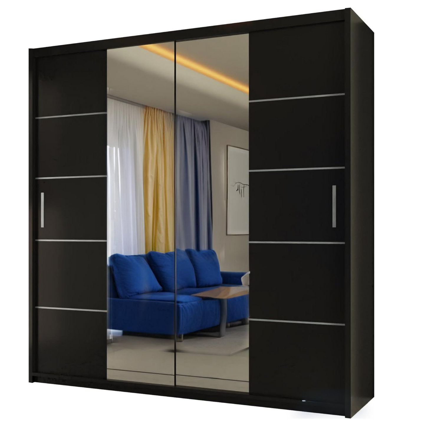 LISBON WARDROBE - Double Door Sliding Mirror Wardrobe with Adjustable Shelves and Rails