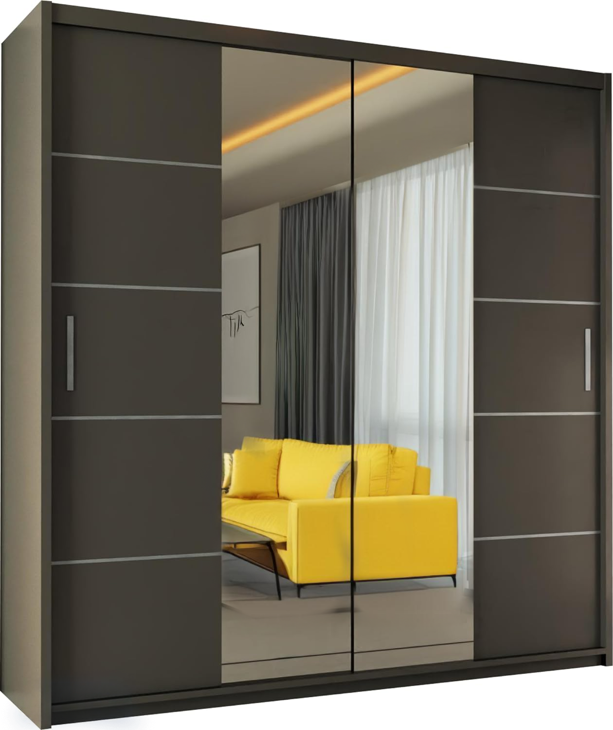 LISBON WARDROBE - Double Door Sliding Mirror Wardrobe with Adjustable Shelves and Rails