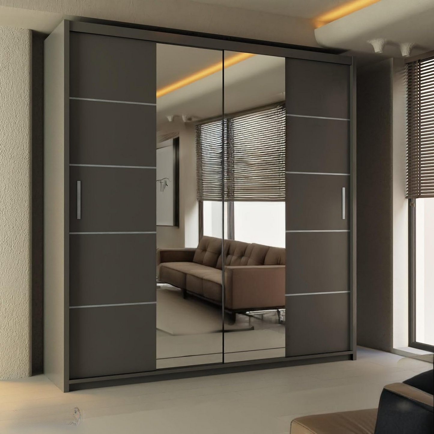 LISBON WARDROBE - Double Door Sliding Mirror Wardrobe with Adjustable Shelves and Rails