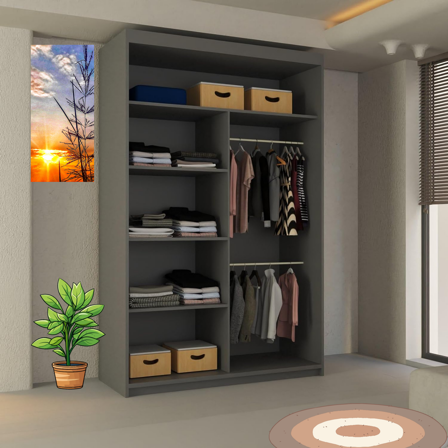 LISBON WARDROBE - Double Door Sliding Mirror Wardrobe with Adjustable Shelves and Rails