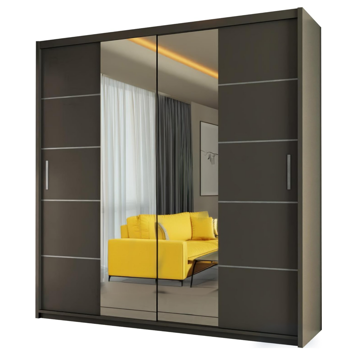 LISBON WARDROBE - Double Door Sliding Mirror Wardrobe with Adjustable Shelves and Rails