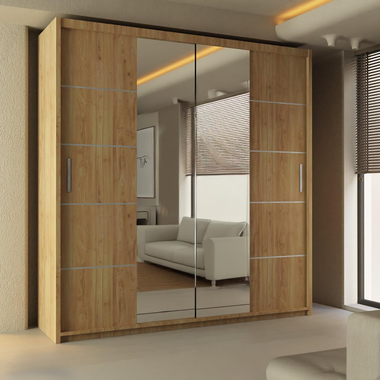 LISBON WARDROBE - Double Door Sliding Mirror Wardrobe with Adjustable Shelves and Rails