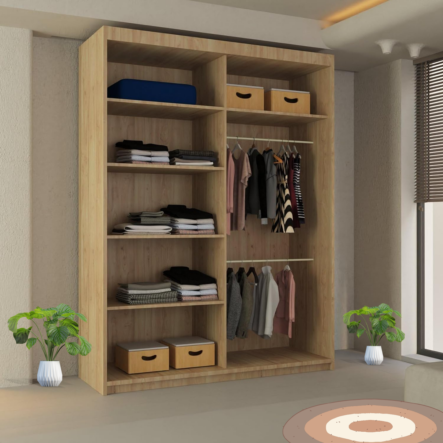 LISBON WARDROBE - Double Door Sliding Mirror Wardrobe with Adjustable Shelves and Rails