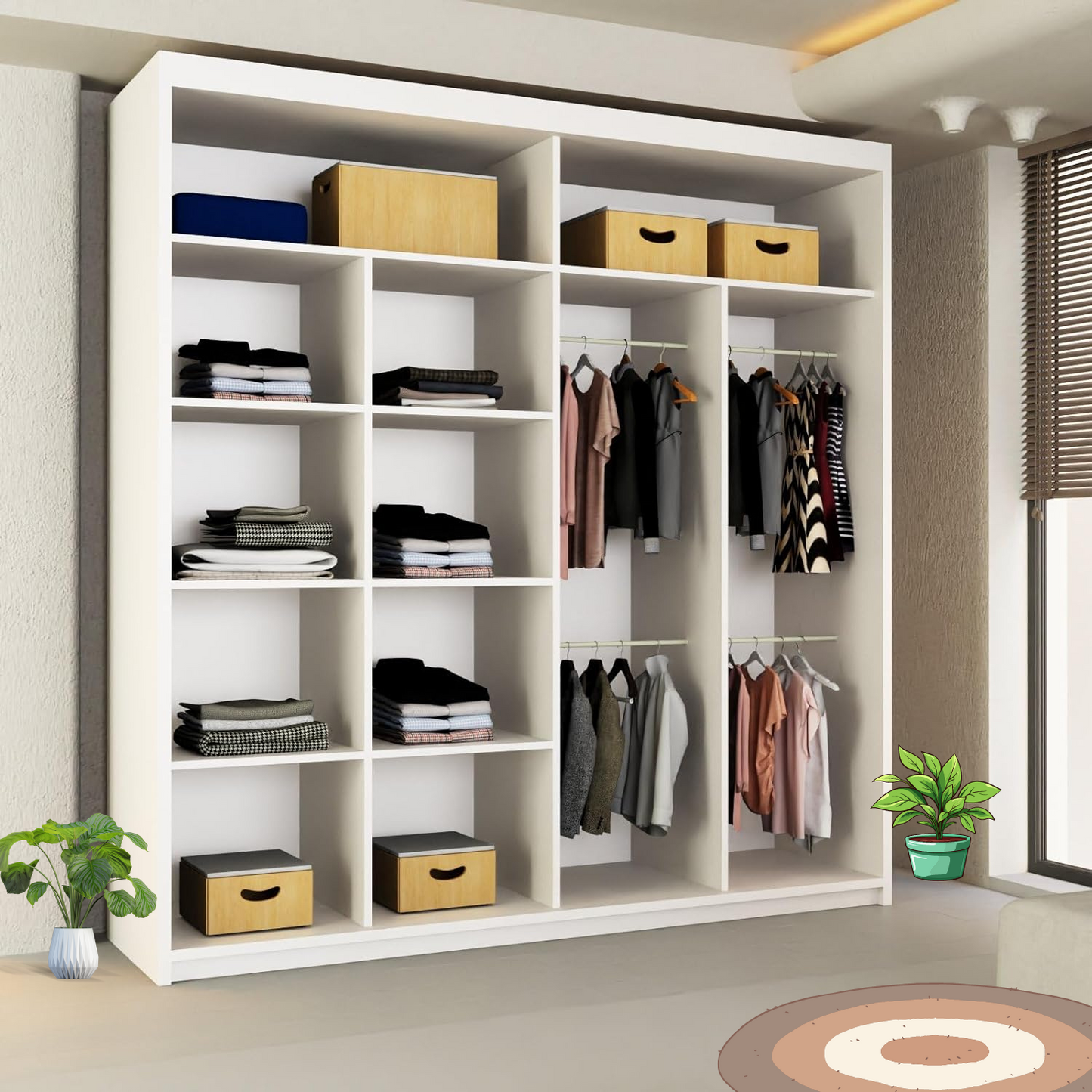 LISBON WARDROBE - Double Door Sliding Mirror Wardrobe with Adjustable Shelves and Rails