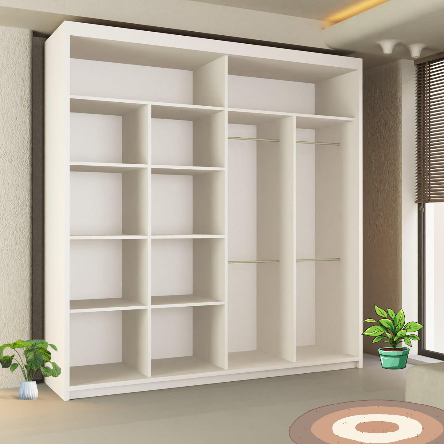 LISBON WARDROBE - Double Door Sliding Mirror Wardrobe with Adjustable Shelves and Rails