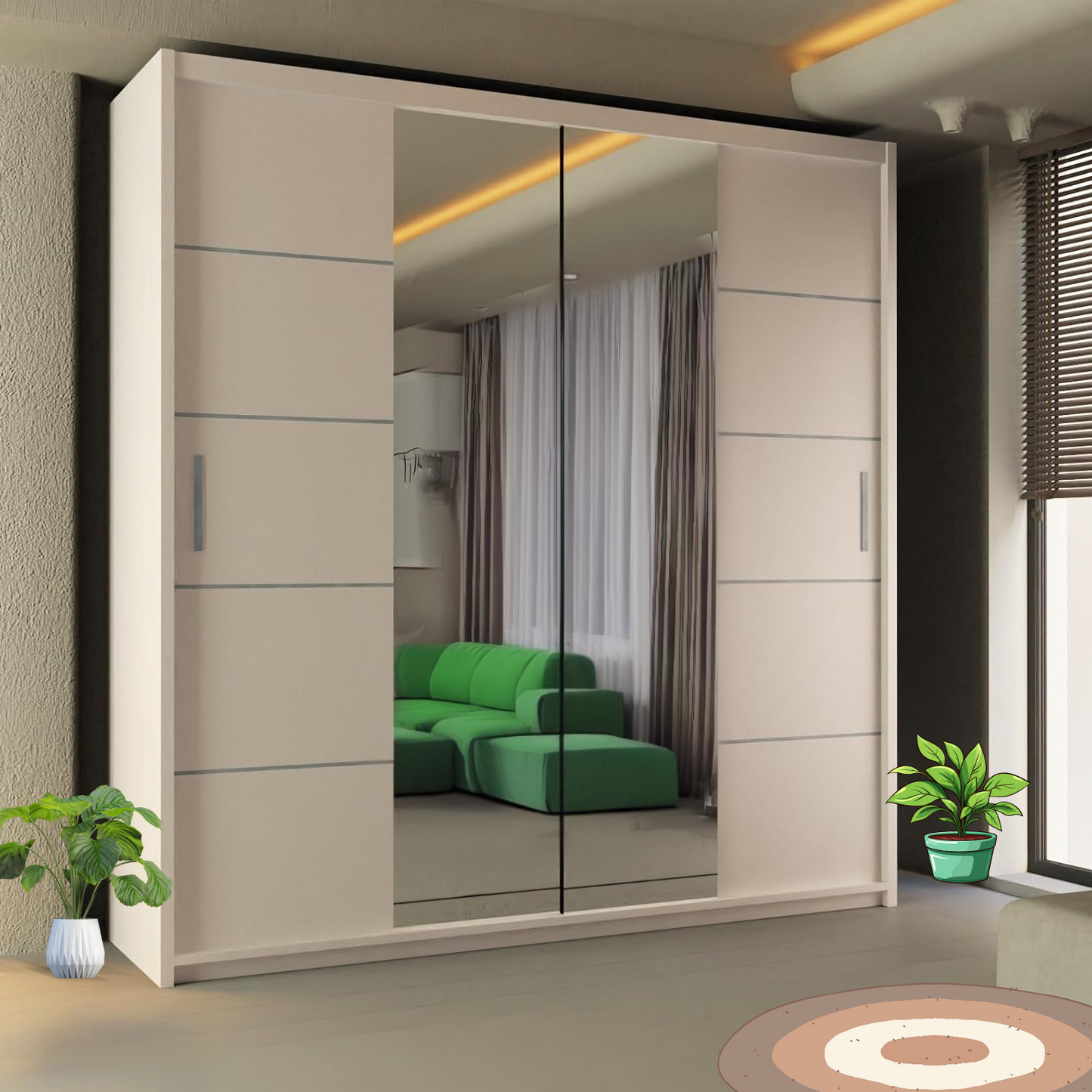 LISBON WARDROBE - Double Door Sliding Mirror Wardrobe with Adjustable Shelves and Rails