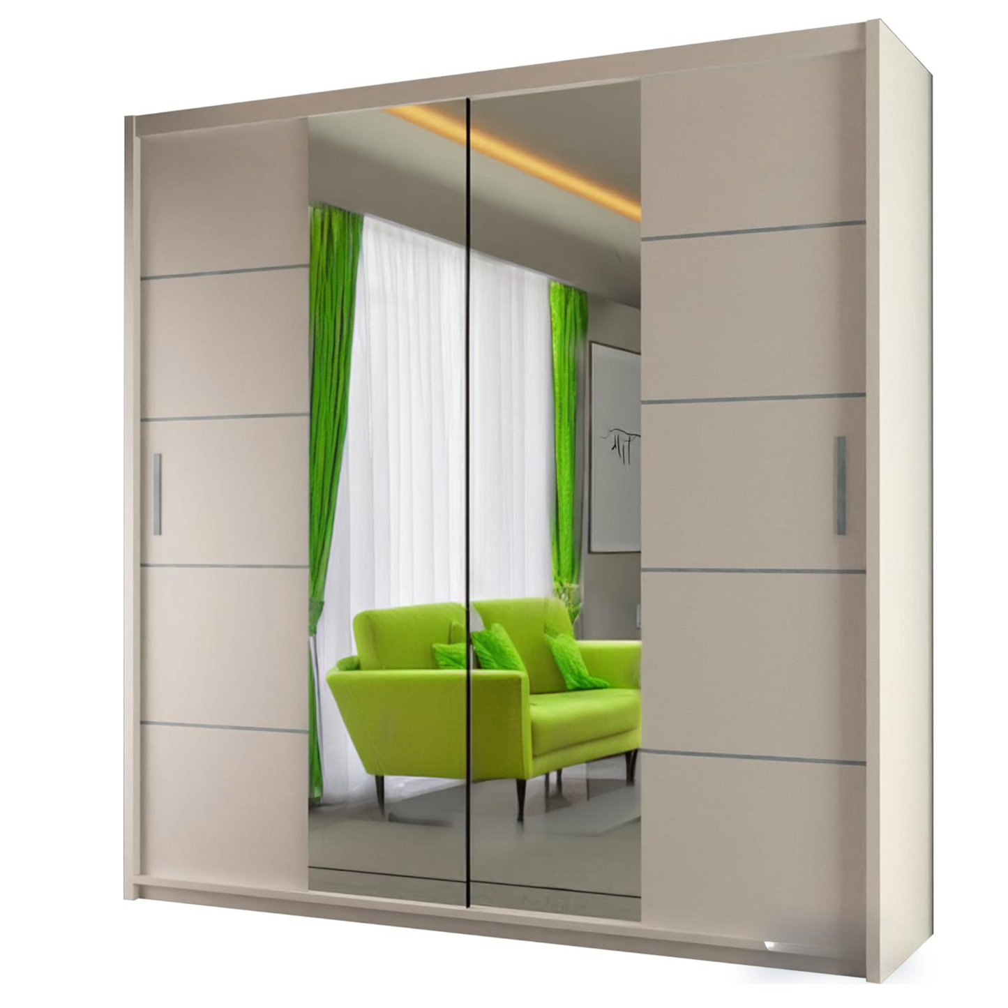 LISBON WARDROBE - Double Door Sliding Mirror Wardrobe with Adjustable Shelves and Rails